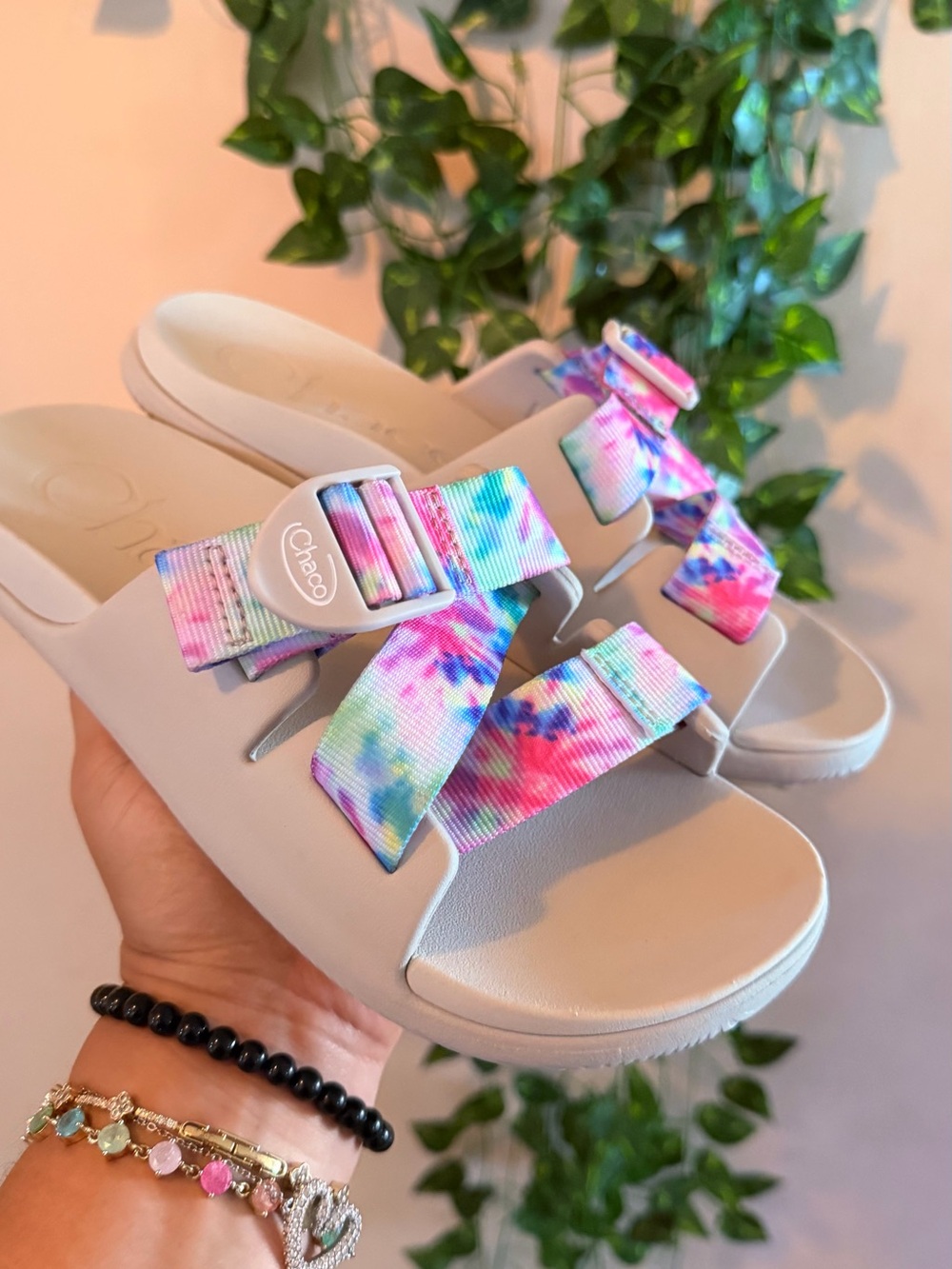 Chaco Women's Slide Sandals - Pastel Tie-Dye Straps on Light Gray Footbed